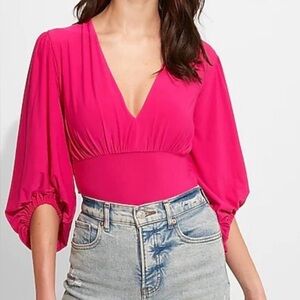 Express Women's Deep V-Neck Balloon Sleeve Thong Bodysuit M NWT